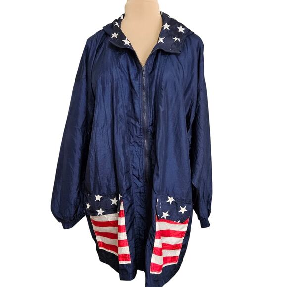 Vintage Blue Backpack Jacket Americana Flag Design Rain Windbreaker Patriotic XL - Picture 1 of 13